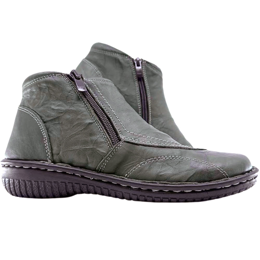 Khaki leather ankle boots with zippers on a white background