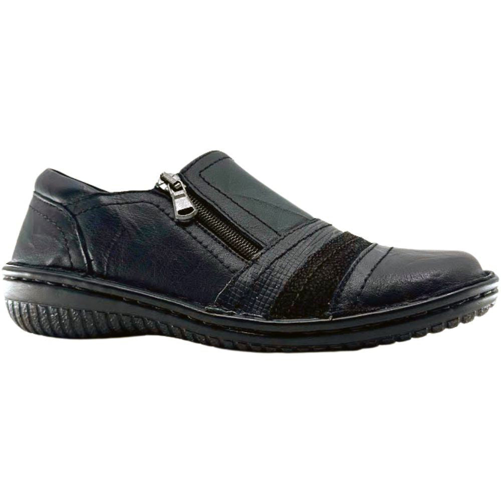 Black slip-on shoe with a zipper on a white background