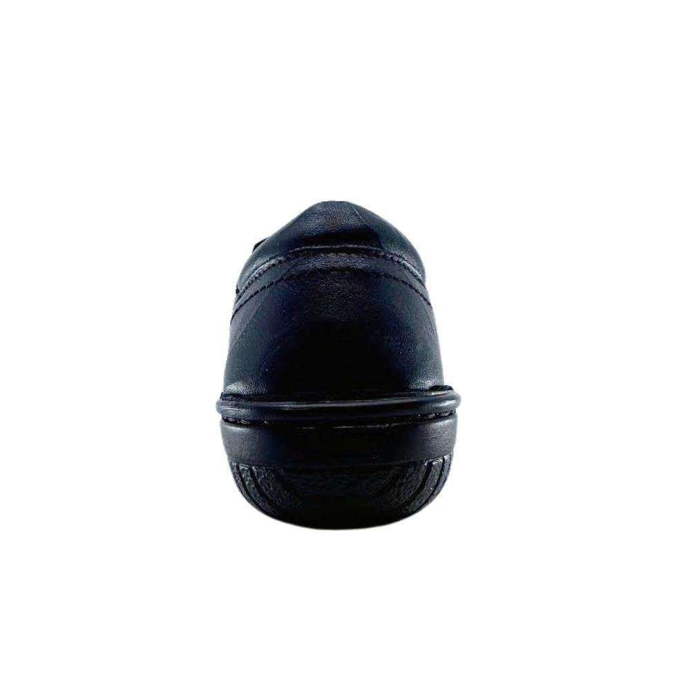 Back of black slip-on shoe on a white background
