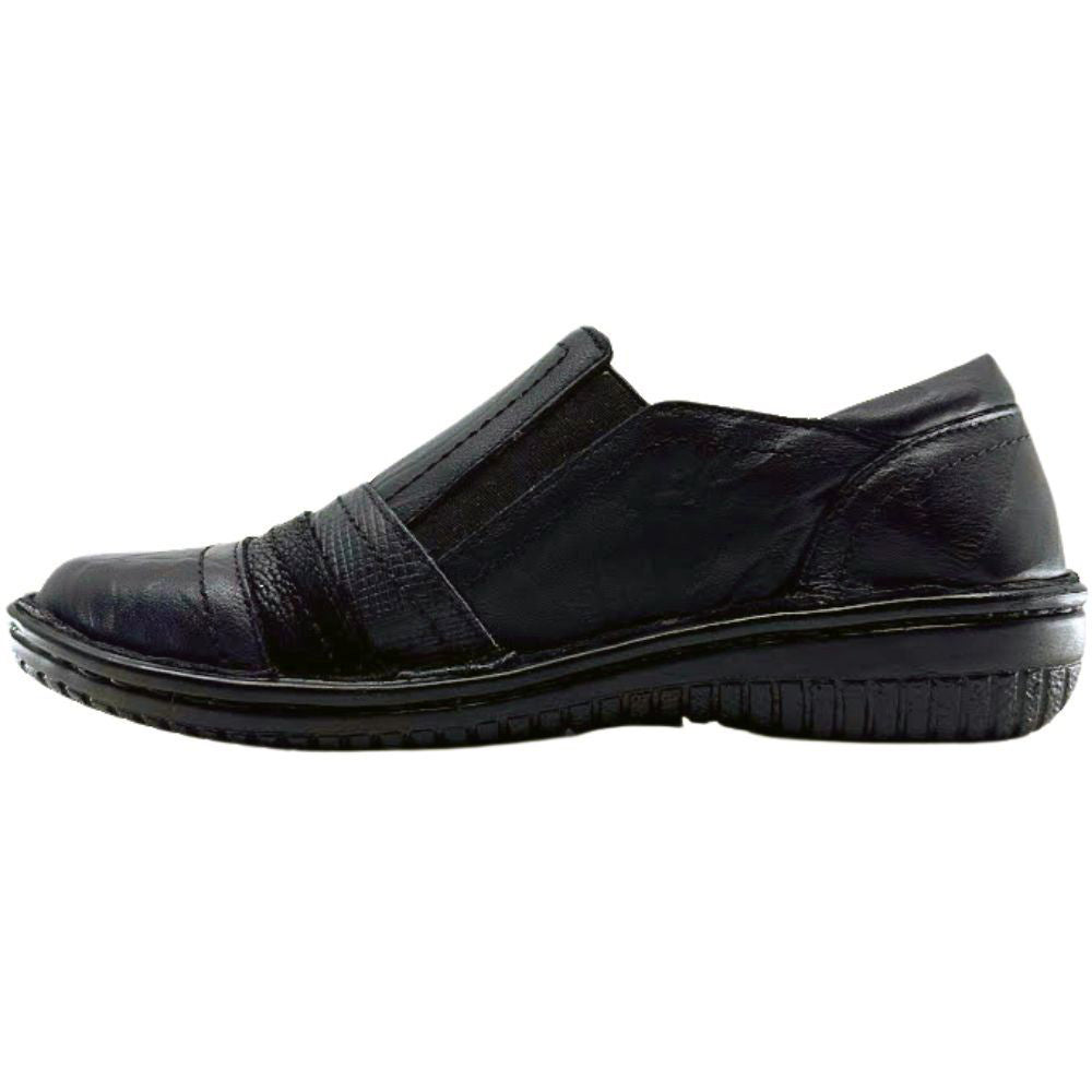 Black slip-on shoe with a zipper on a white background