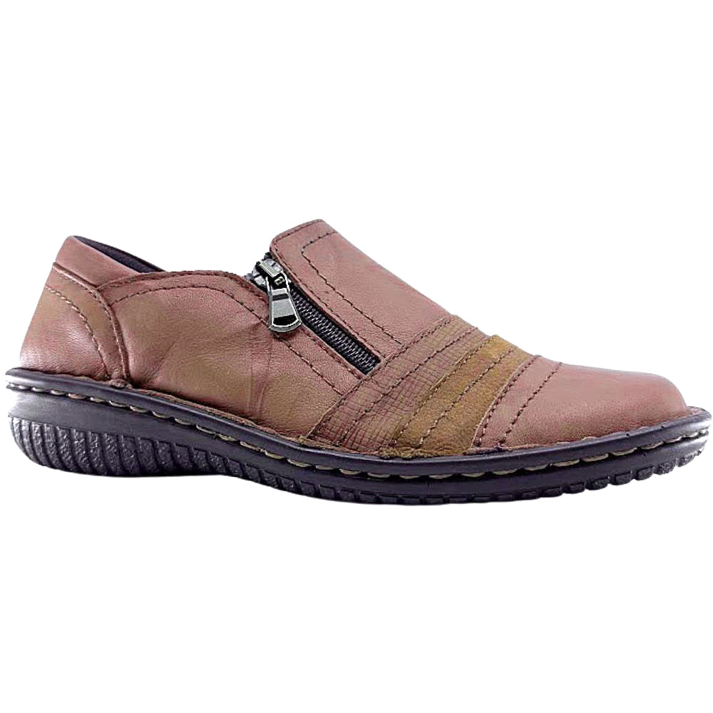 Brown slip-on shoe with a zipper on a white background