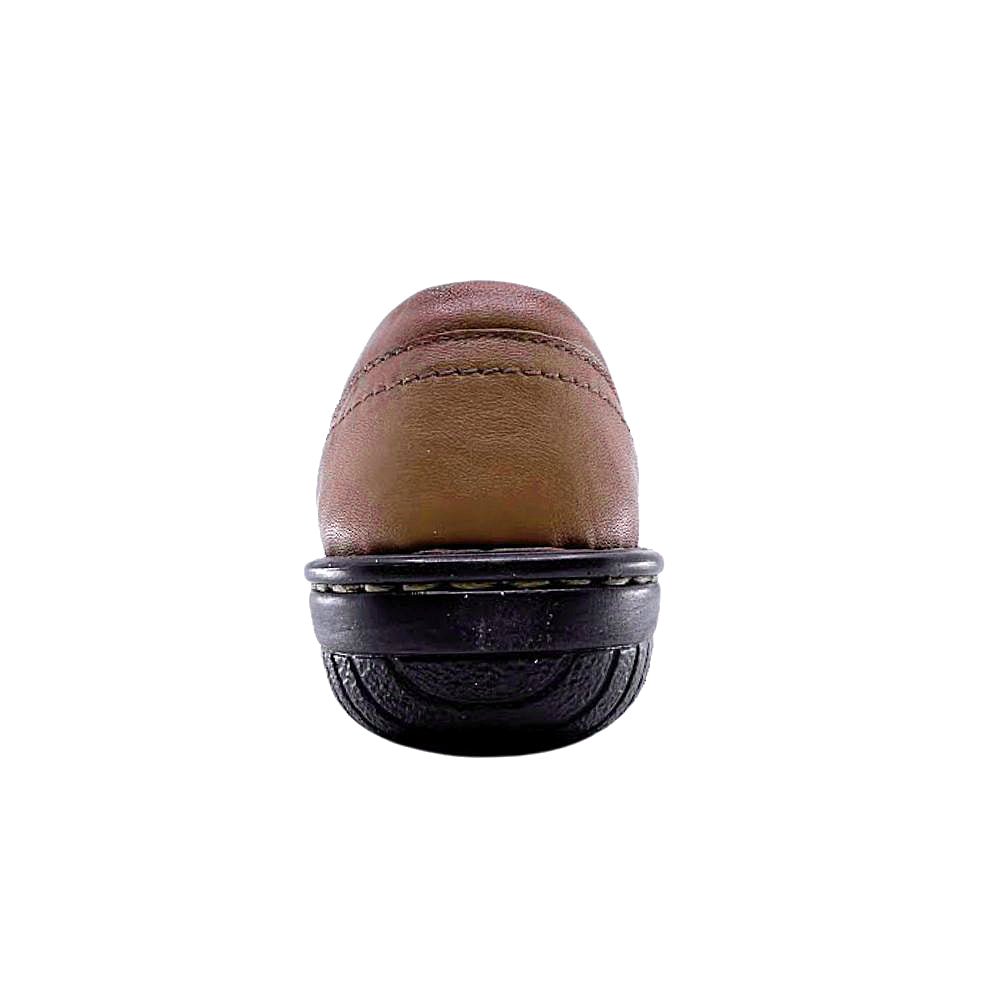 Brown leather shoe with a dark brown sole on a white background