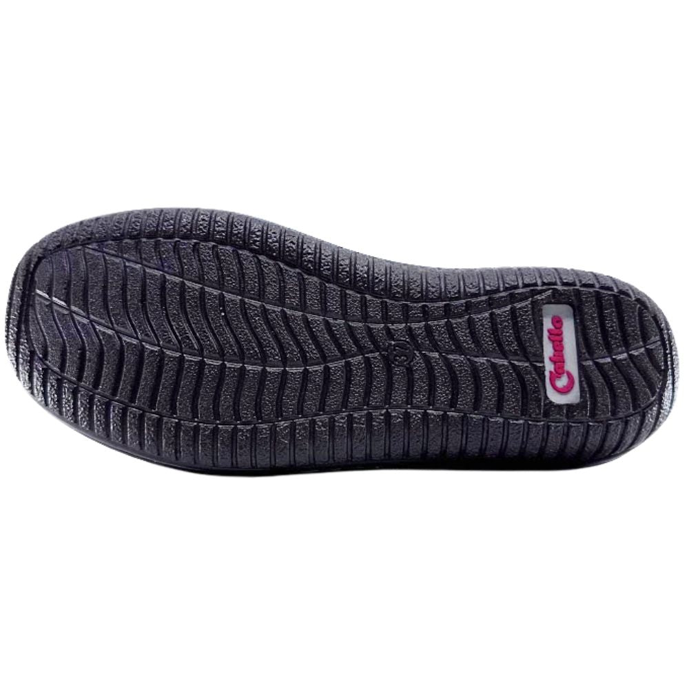Dark brown shoe sole with a brand logo on a white background