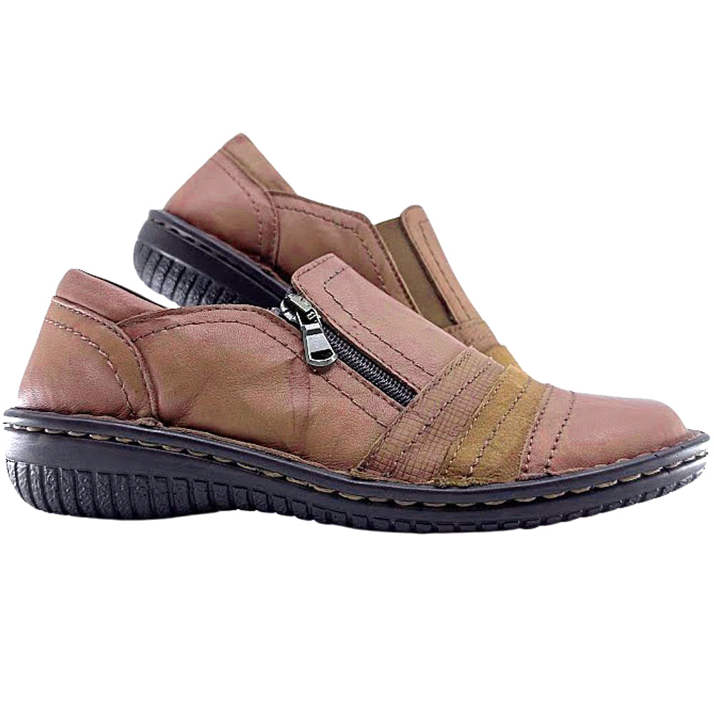 Brown leather shoe with a zipper on a white background