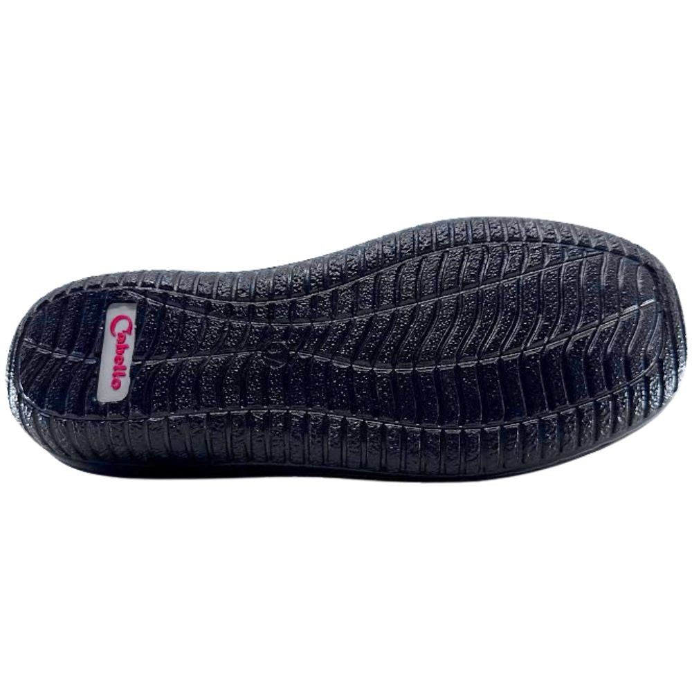 Black shoe sole with a visible brand logo on a white background