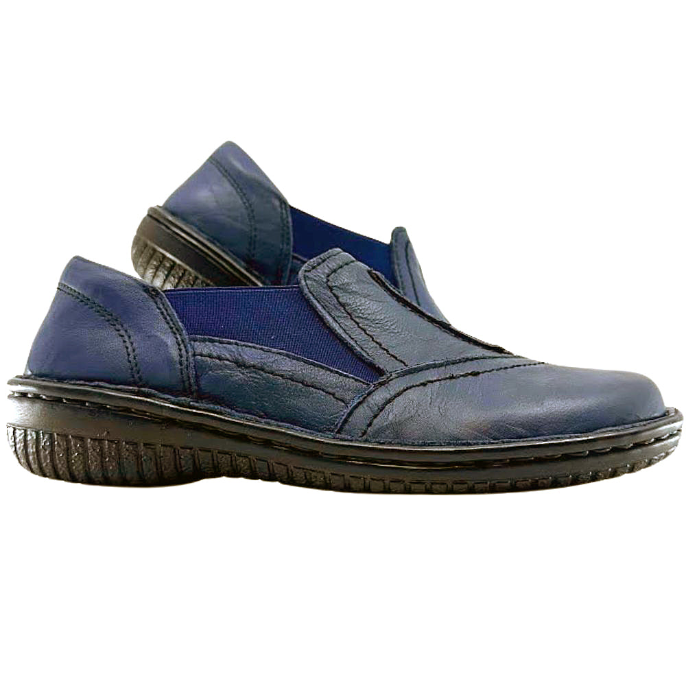 Pair of navy leather slip-on shoes on a white background