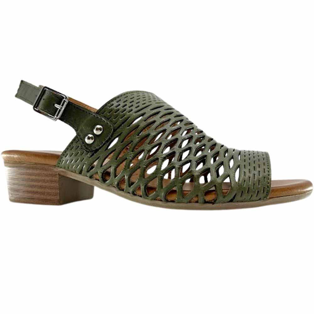 An olive laser-cut leather slingback sandal with a peep toe and block heel, shown against a white backgound.