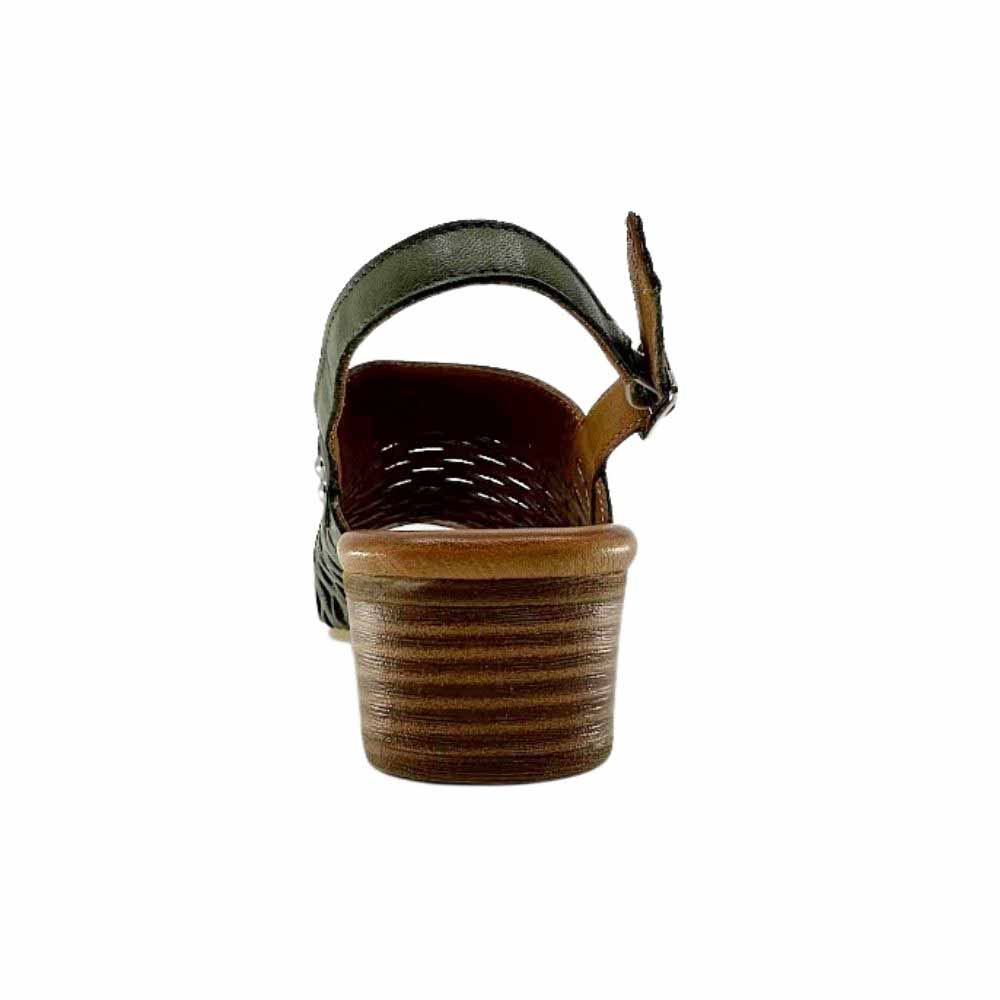 The back of an olive laser-cut leather slingback sandal with a block heel, shown against a white backgound.