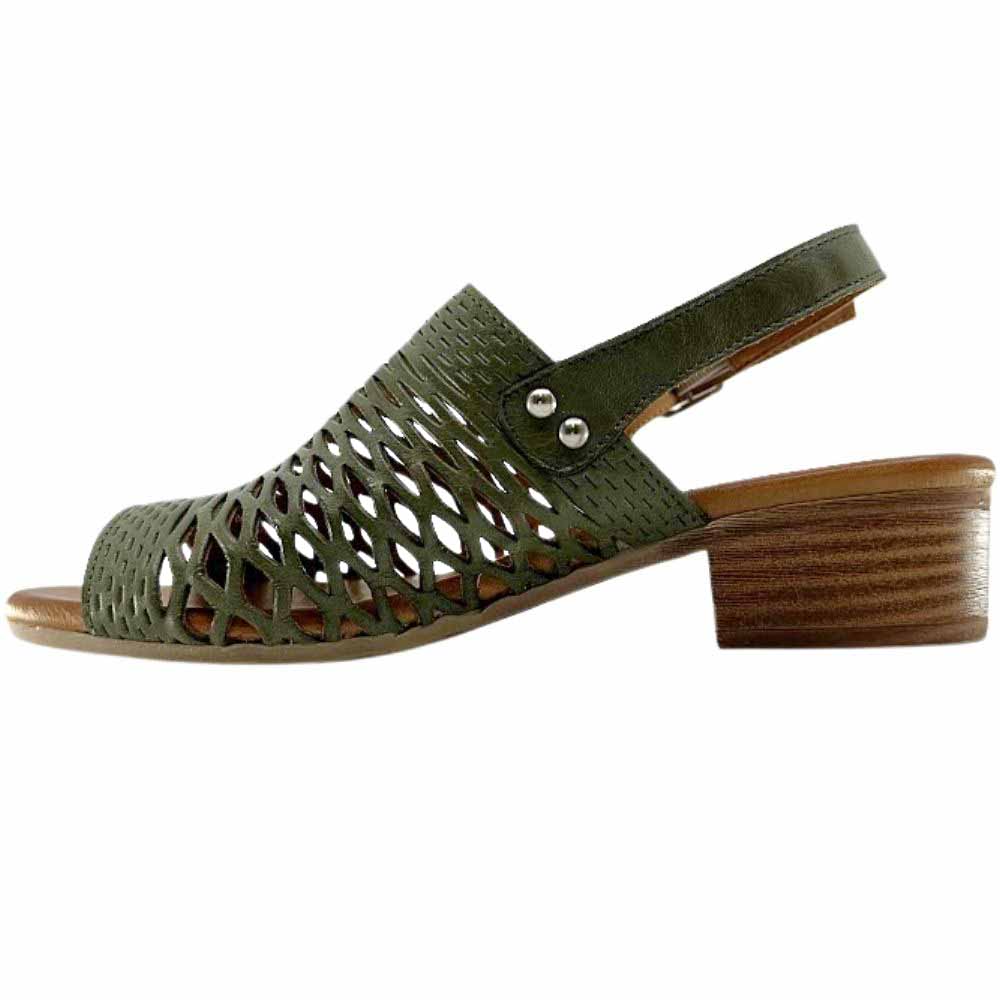 An olive laser-cut leather slingback sandal with a peep toe and block heel, shown against a white backgound.