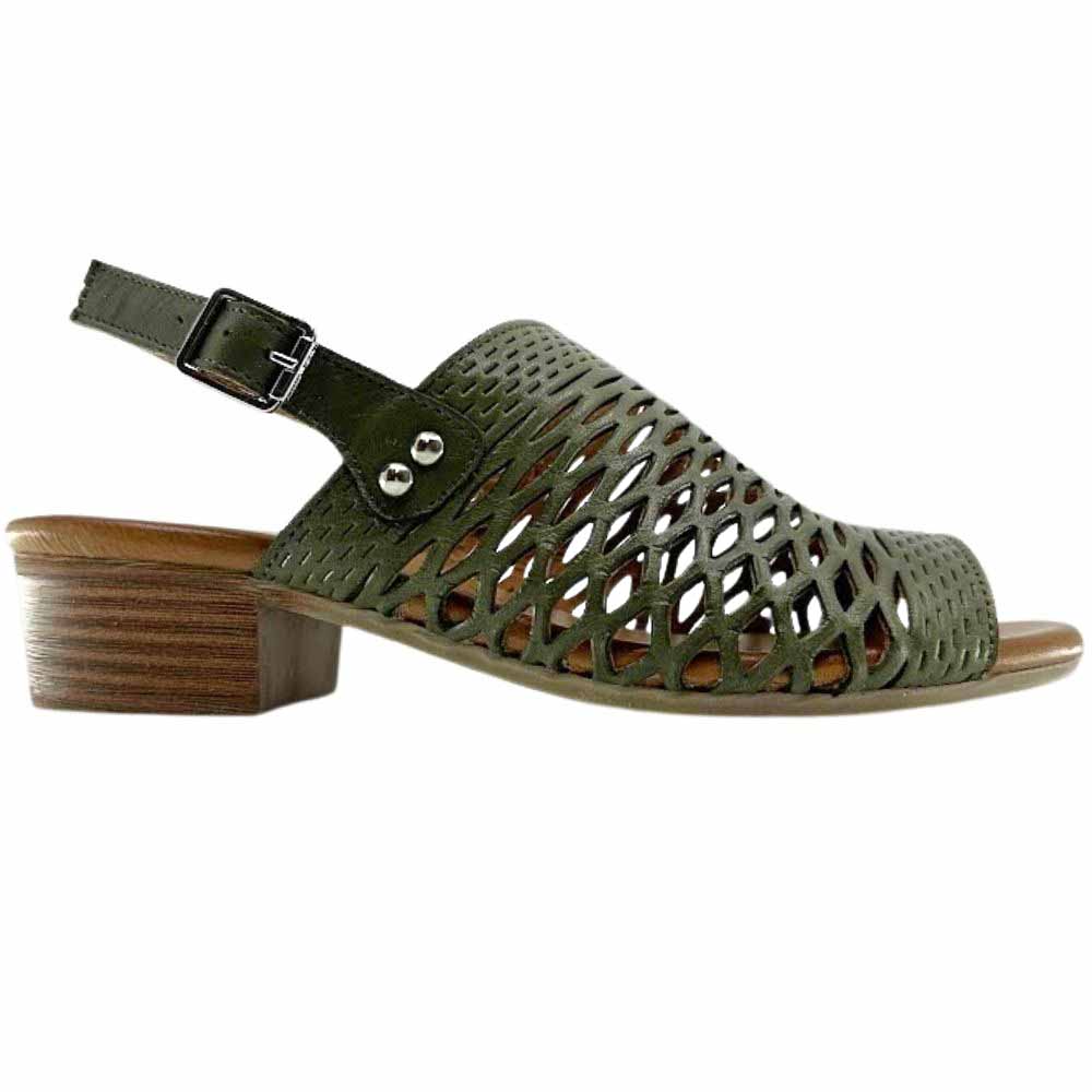 An olive laser-cut leather slingback sandal with a peep toe and block heel, shown against a white backgound.