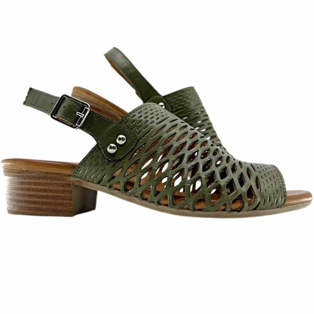 A pair of olive laser-cut leather slingback sandals with a peep toe and block heel, shown against a white backgound.