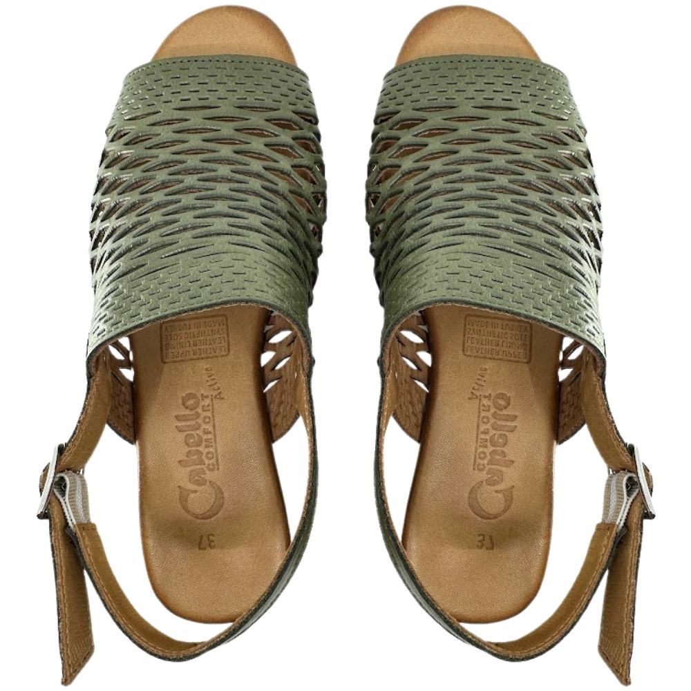 A pair of olive laser-cut leather slingback sandals by 'Cabello' with a peep toe, shown from a top-down perspective.