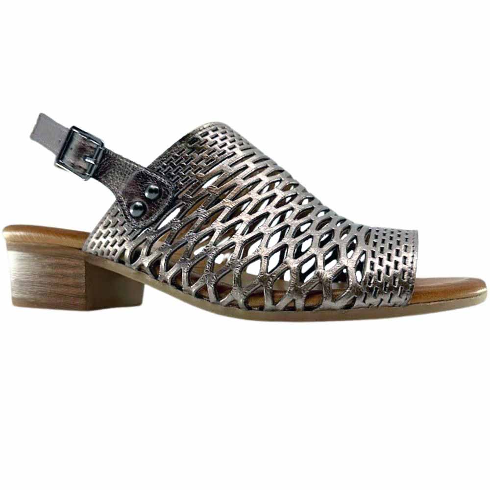 A single pewter-colored Cabello sandal with a laser-cut leather upper and a block heel, set against a white background.