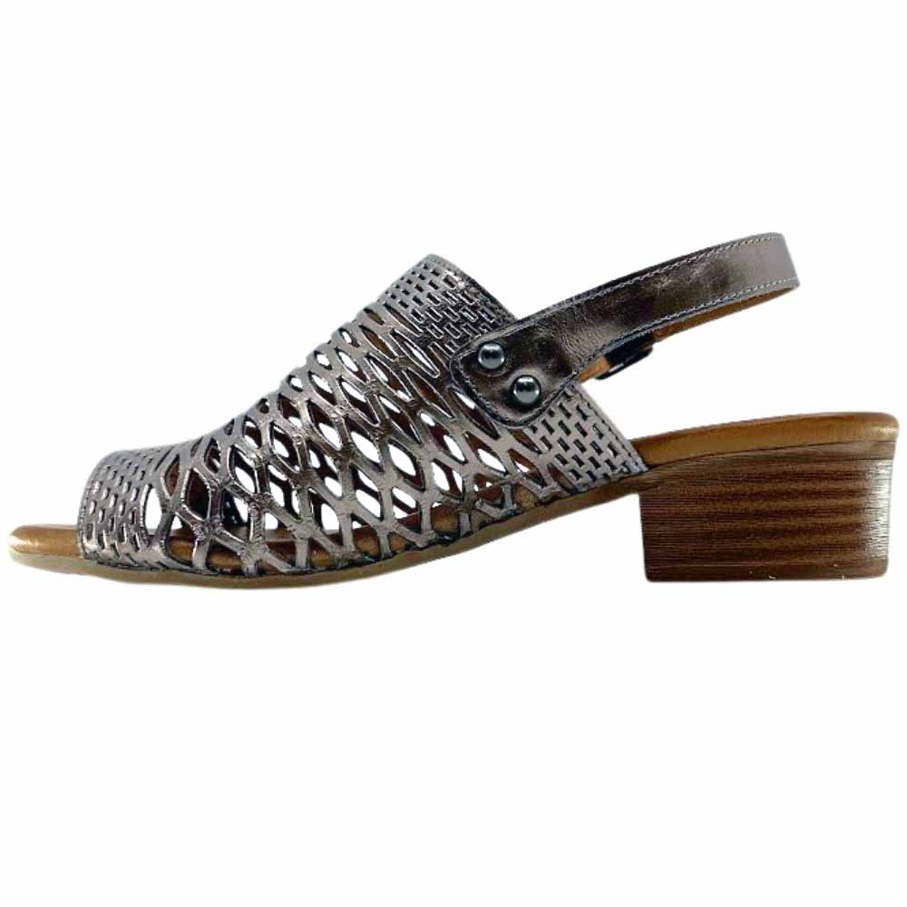 A single pewter-colored Cabello sandal with a laser-cut leather upper and a block heel, set against a white background.