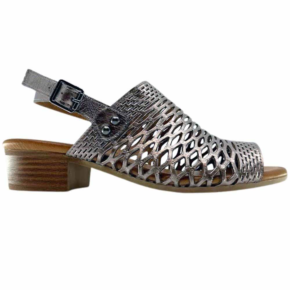 A single pewter-colored Cabello sandal with a laser-cut leather upper and a block heel, set against a white background.