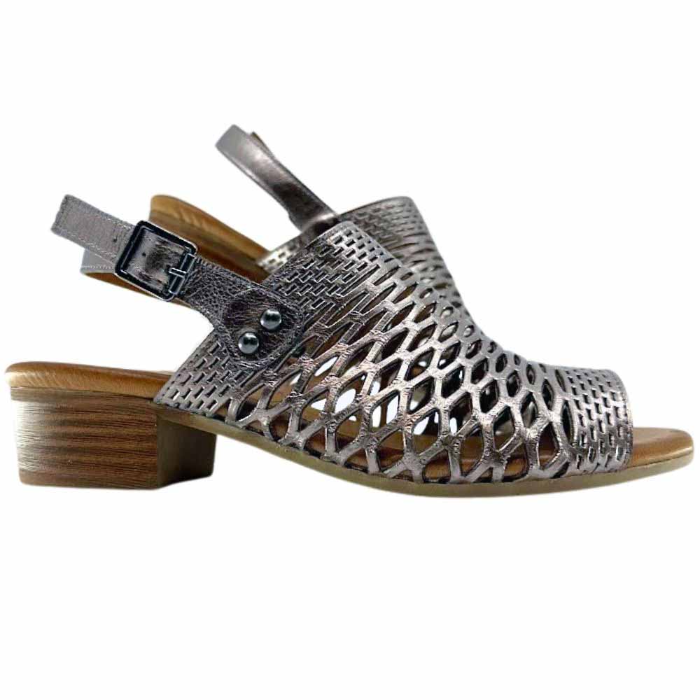 A pair of pewter-colored Cabello sandals with a laser-cut leather upper and a block heel, set against a white background.