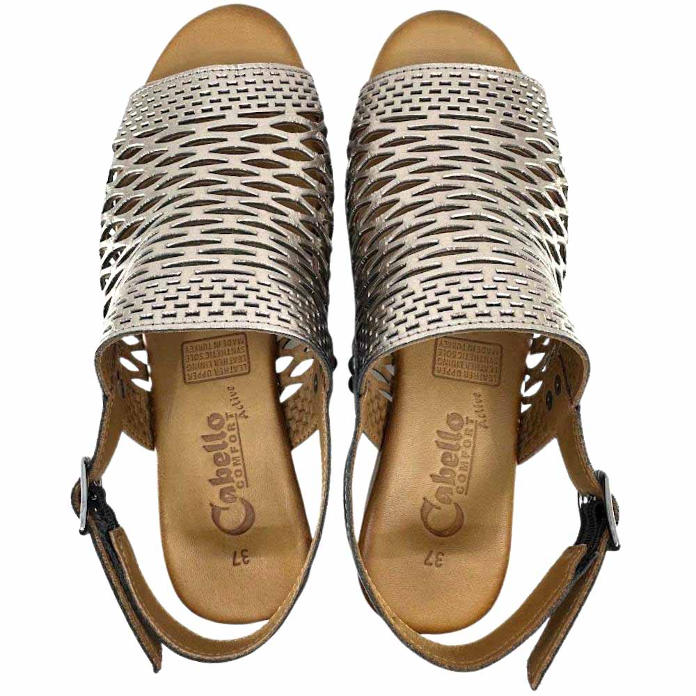 A pair of pewter-colored Cabello sandals with a laser-cut leather upper, shown from a top-down perspective against a white background.