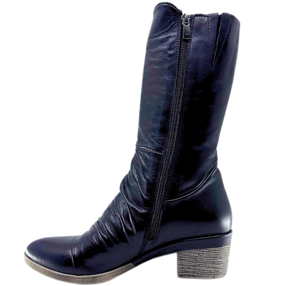 Black knee-high boot with a zipper on a white background