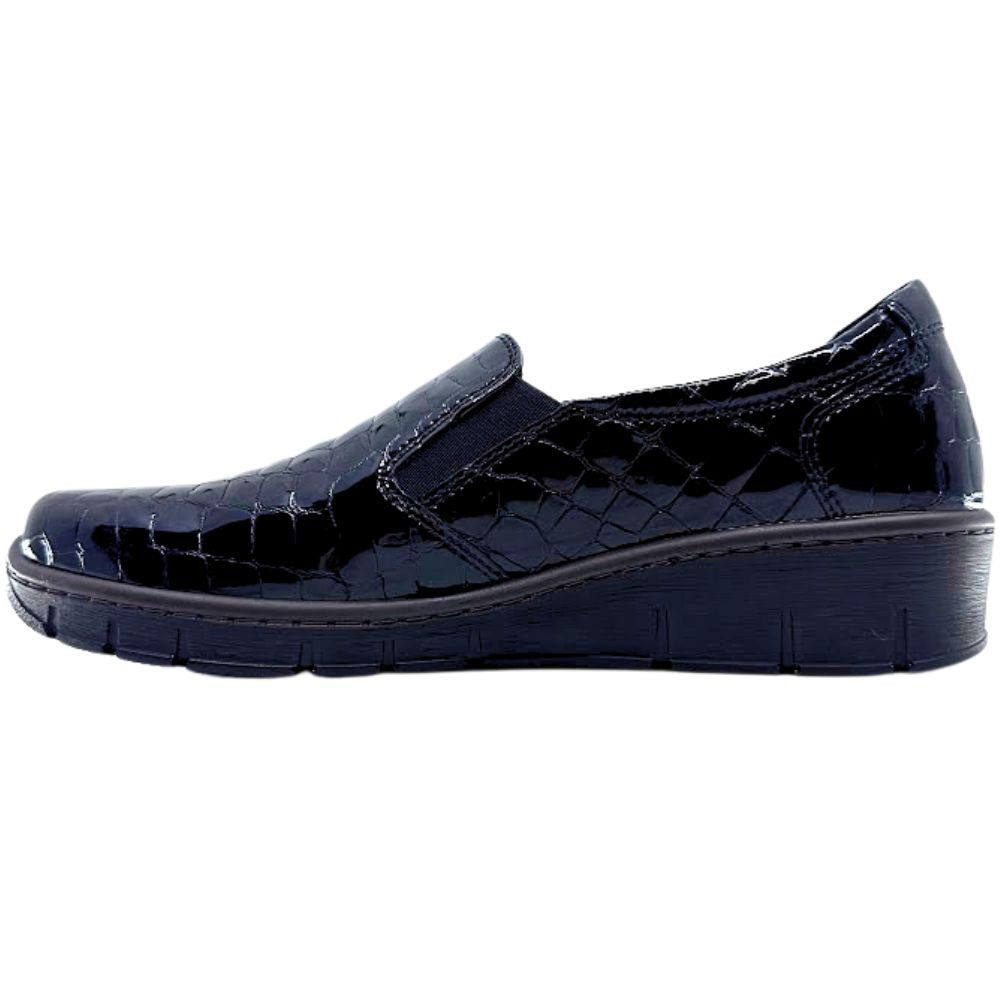 Black patent leather slip-on leather shoe on a white background