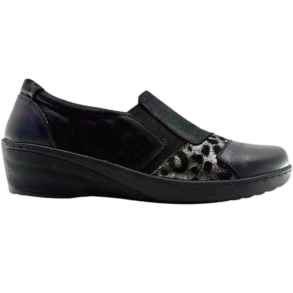 Black wedge shoe with leopard print accent on a white background