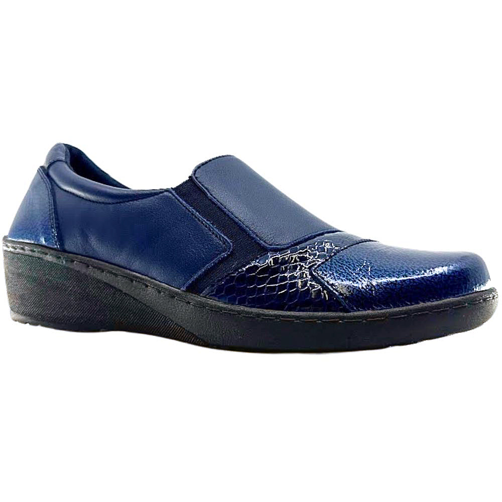 Navy slip-on shoe with patent leather accents on a white background