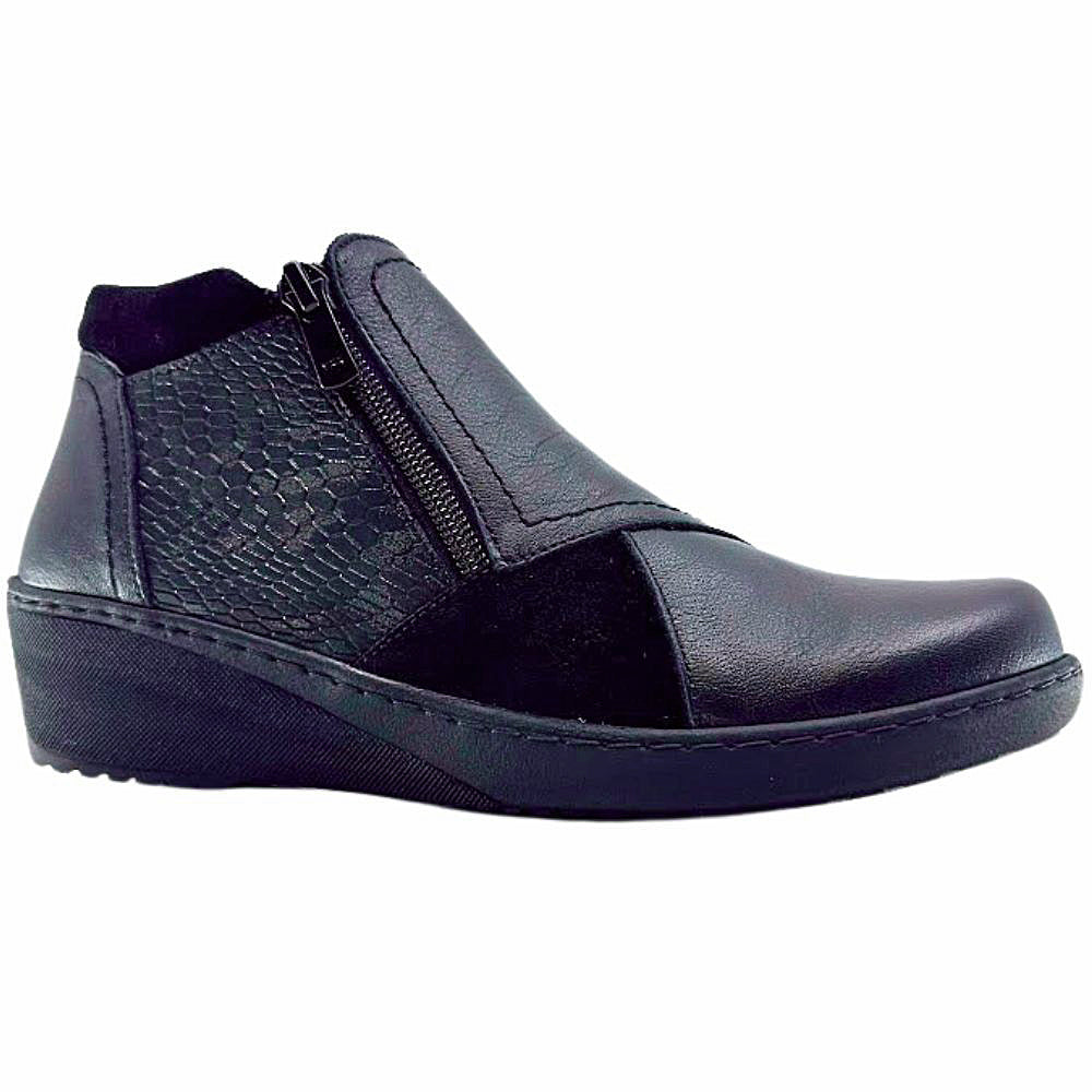 Black leather ankle boot with zipper on a white background