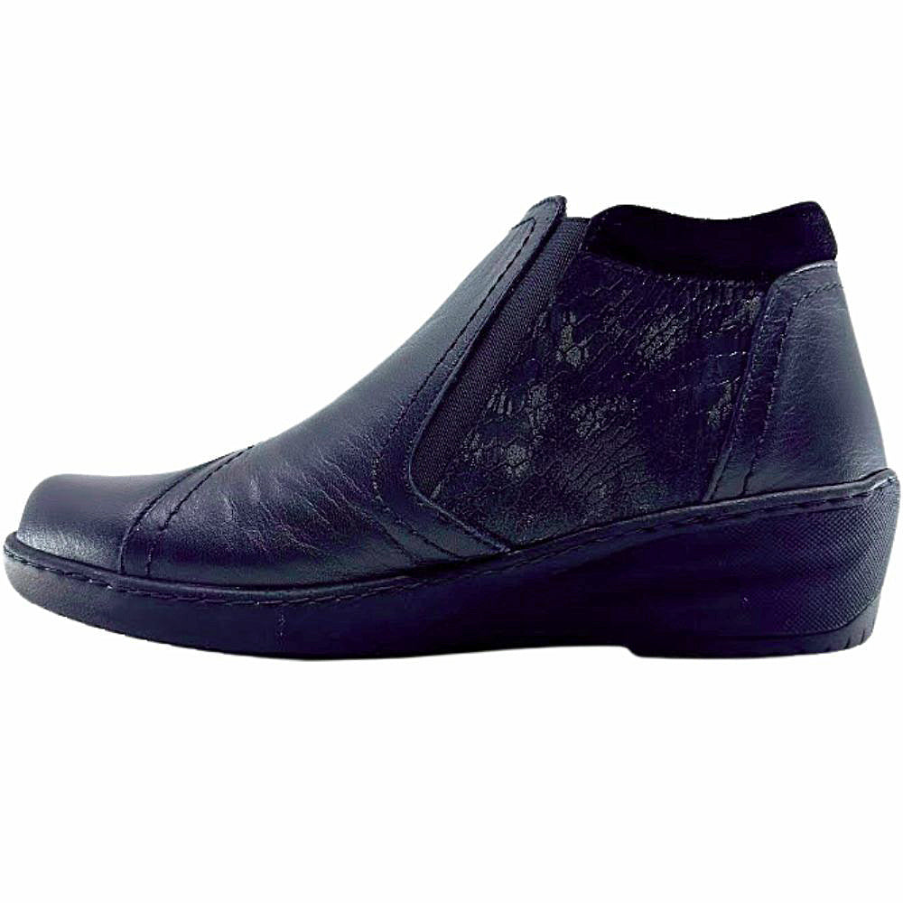 Black leather wedge ankle boot on a white background