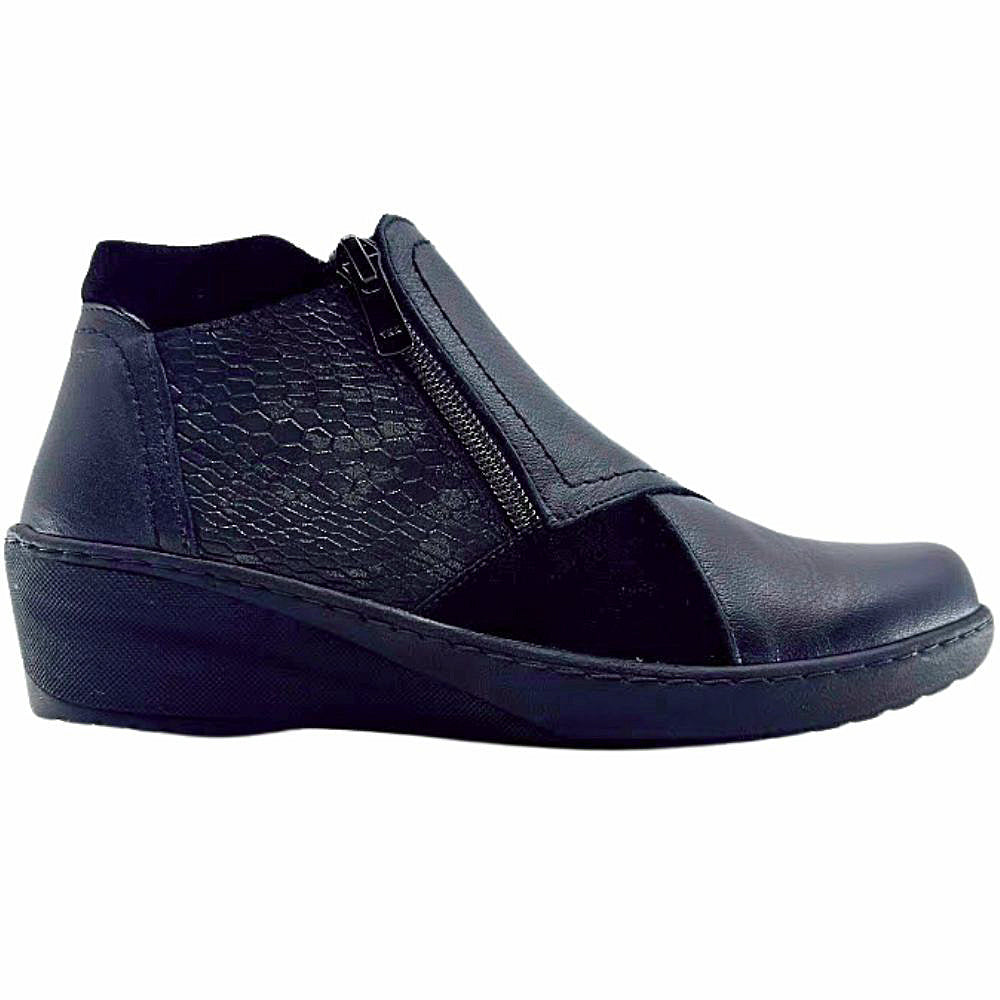 Black leather ankle boot with zipper on a white background