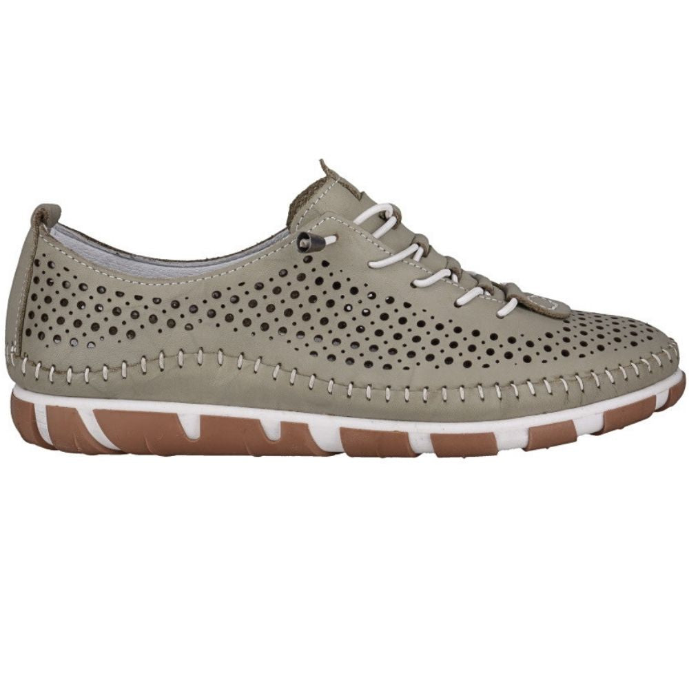 An outside view of an olive green perforated Turkish leather sneaker with bungee laces and stitched detailing, shown against a white background.