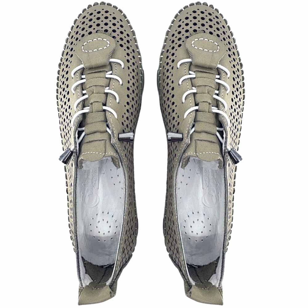 A pair of olive green perforated Turkish leather sneakers with bungee laces and stitched detailing, shown from a top-down view against a white background.