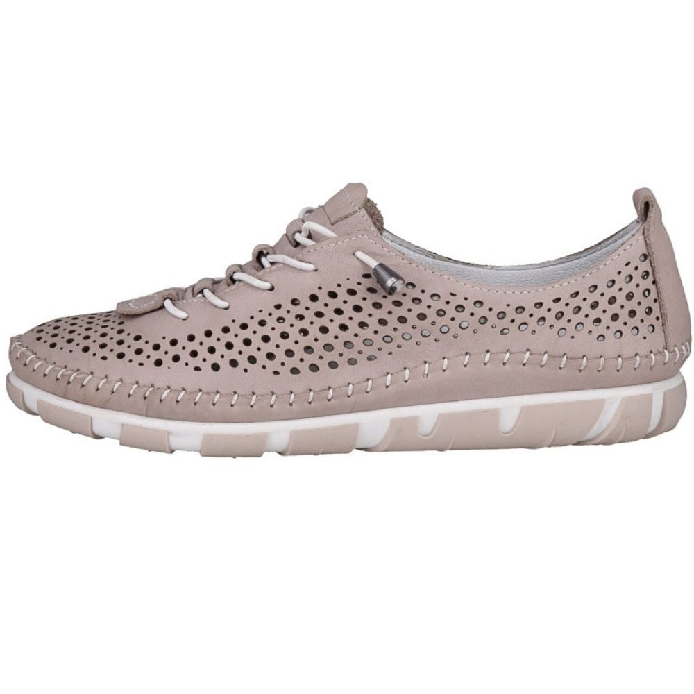 A taupe perforated Turkish leather sneaker with bungee laces and a taupe and white sole, shown against a white background.