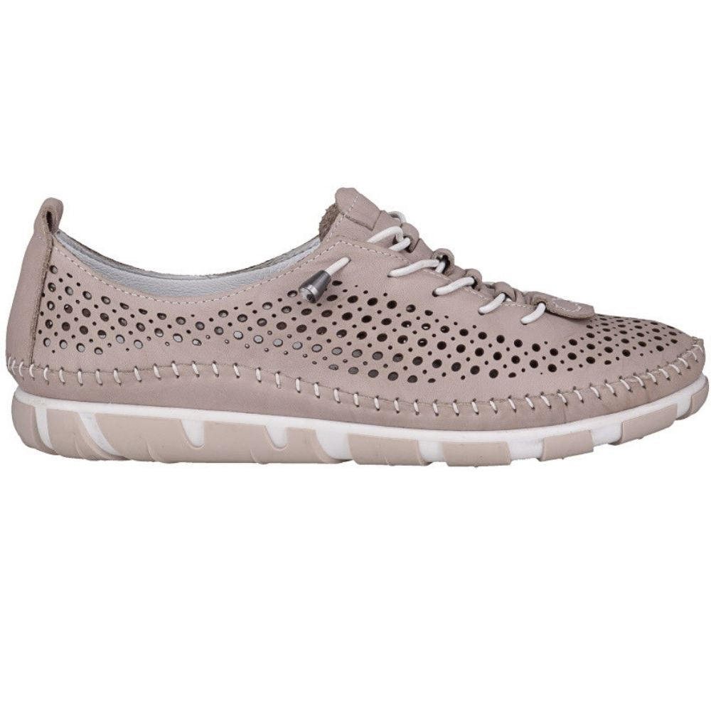 A taupe perforated Turkish leather sneaker with bungee laces and a taupe and white sole, shown against a white background.