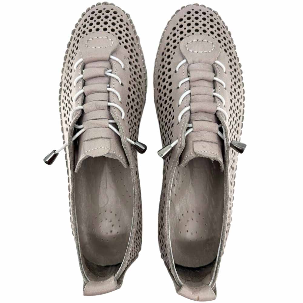 A pair of taupe perforated Turkish leather sneakers with stitched detailing and bungee laces, shown from a top-down view against a white background.