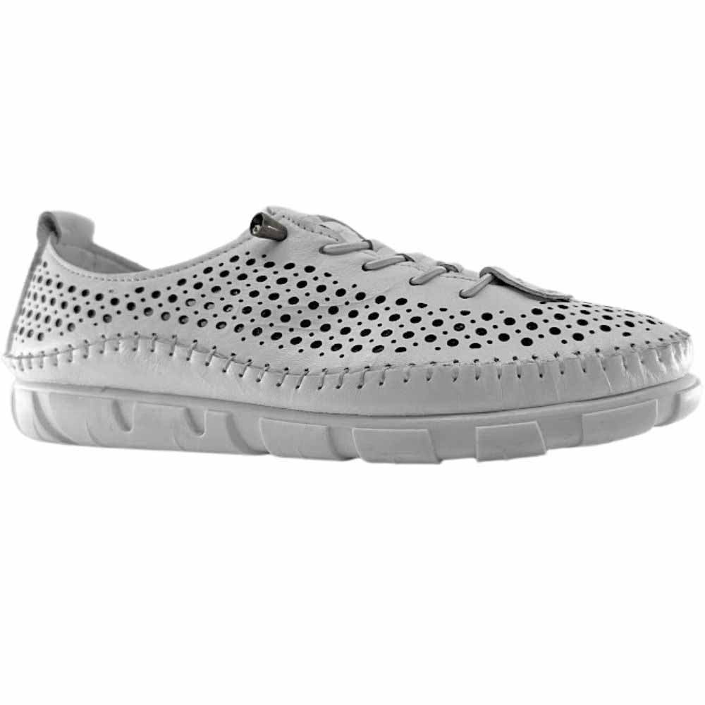 A white perforated Turkish leather sneaker with bungee laces and a white sole, shown against a white background.