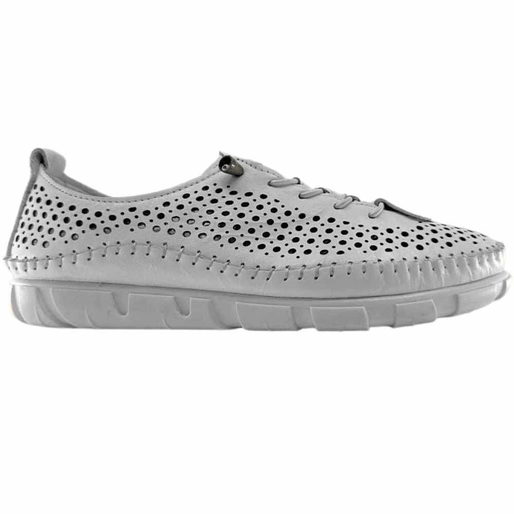 A white perforated Turkish leather sneaker with bungee laces and a white sole, shown against a white background.