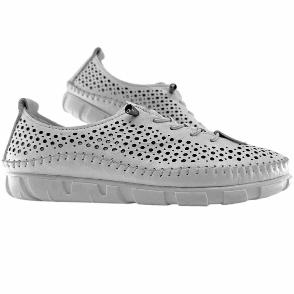 A pair of white perforated Turkish leather sneakers with bungee laces and a white sole, shown against a white background.