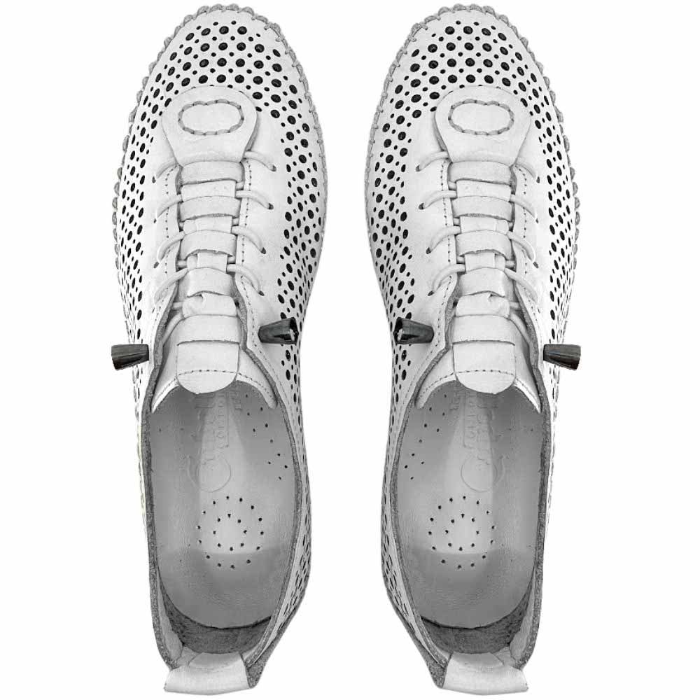 A pair of white perforated Turkish leather sneakers with bungee laces, stitched detailing and a white sole, shown from a top-down view against a white background.