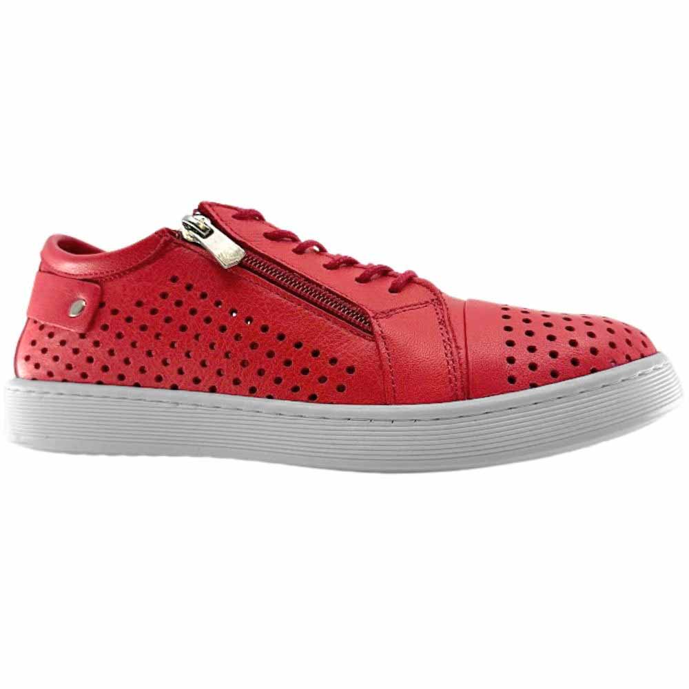 A single red perforated leather low-top sneaker with a white sole, featuring a side zipper, lace-up front, and metal details.