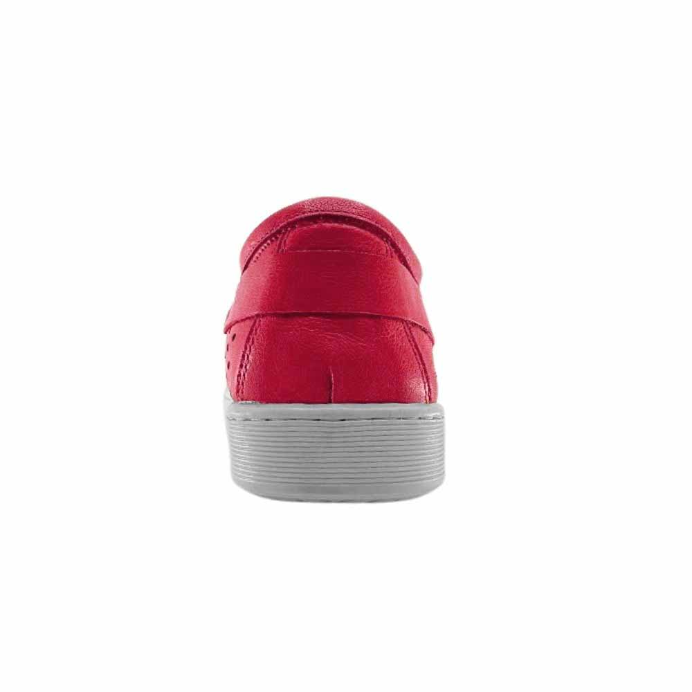 The back of a single red perforated leather low-top sneaker with a white sole, shown against a white background.