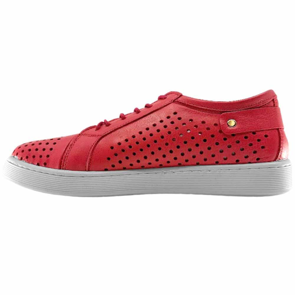 A single red perforated leather low-top sneaker with a white sole, shown against a white background.