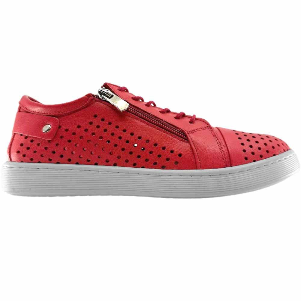 A single red perforated leather low-top sneaker with a white sole, featuring a side zipper, lace-up front, and metal details.