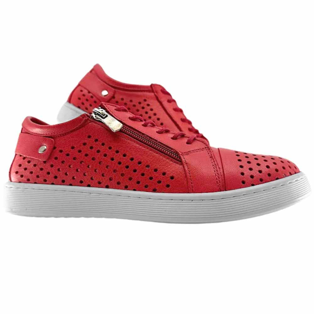 A pair of red perforated leather low-top sneakers with white soles, featuring side zippers, lace-up fronts, and metal details.