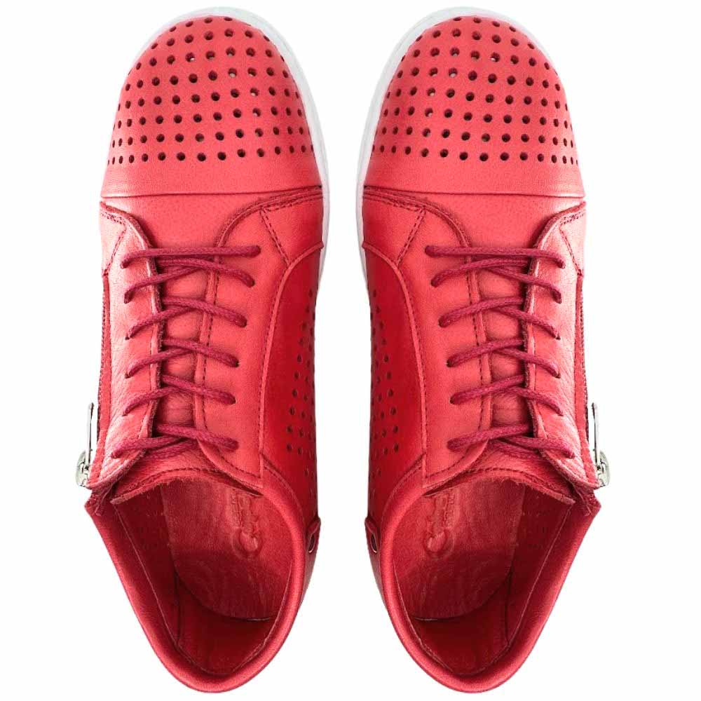 A pair of red perforated leather low-top sneakers with white soles, featuring side zippers, lace-up fronts, and metal details, shown from a top-down perspective, against a white background.