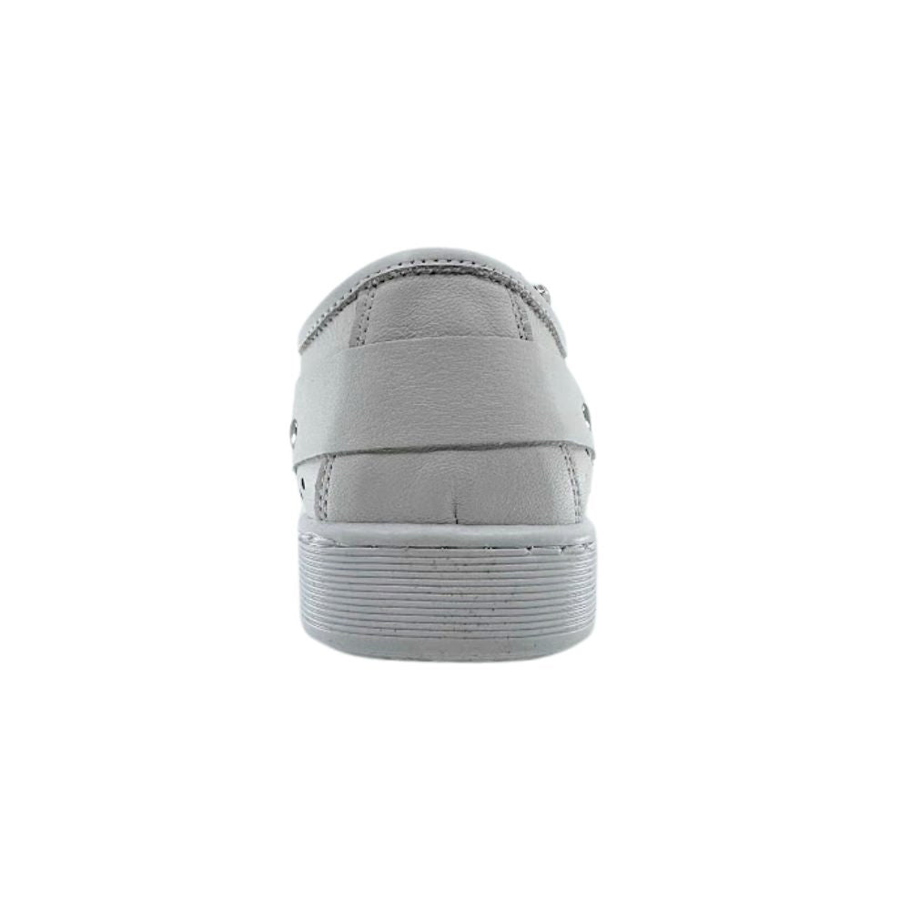 The back view of a single white sneaker, against a white background.