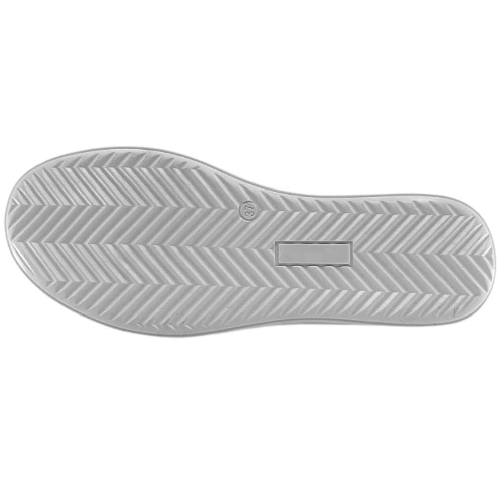 The white rubber outsole of a sneaker with a chevron tread pattern, against a white background.