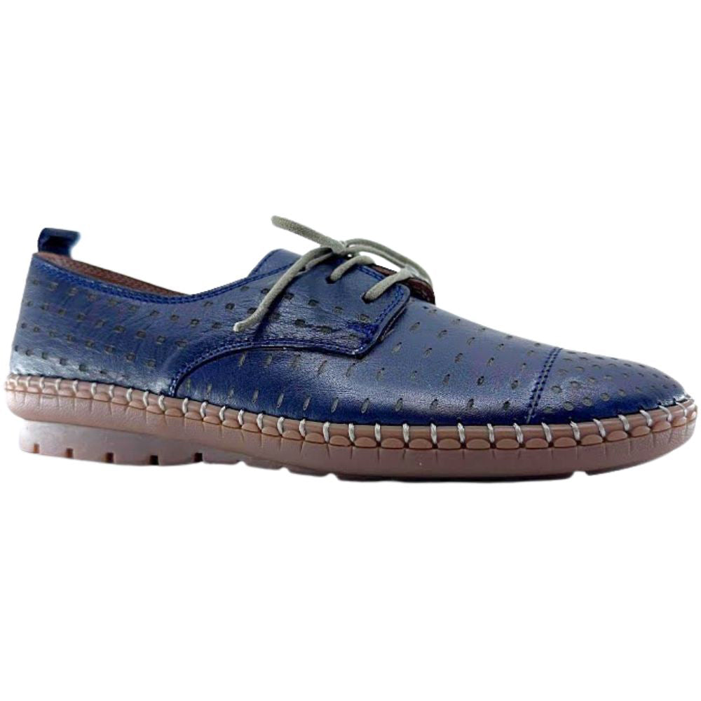 Navy leather shoe with brown sole on a white background