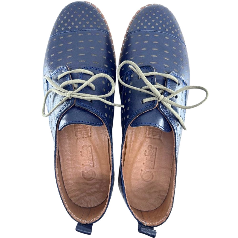 Pair of navy laser cut leather shoes with white laces on a white background