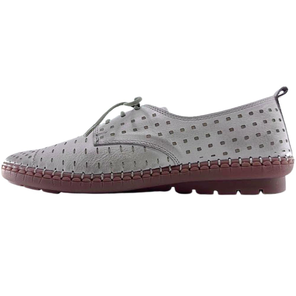 Taupe perforated leather shoe with brown sole on a white background