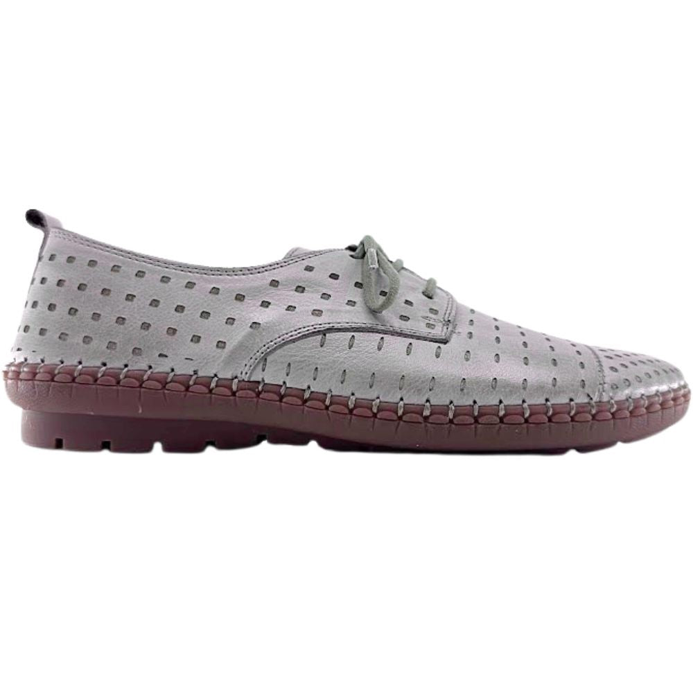 Taupe perforated shoe with brown sole on a white background