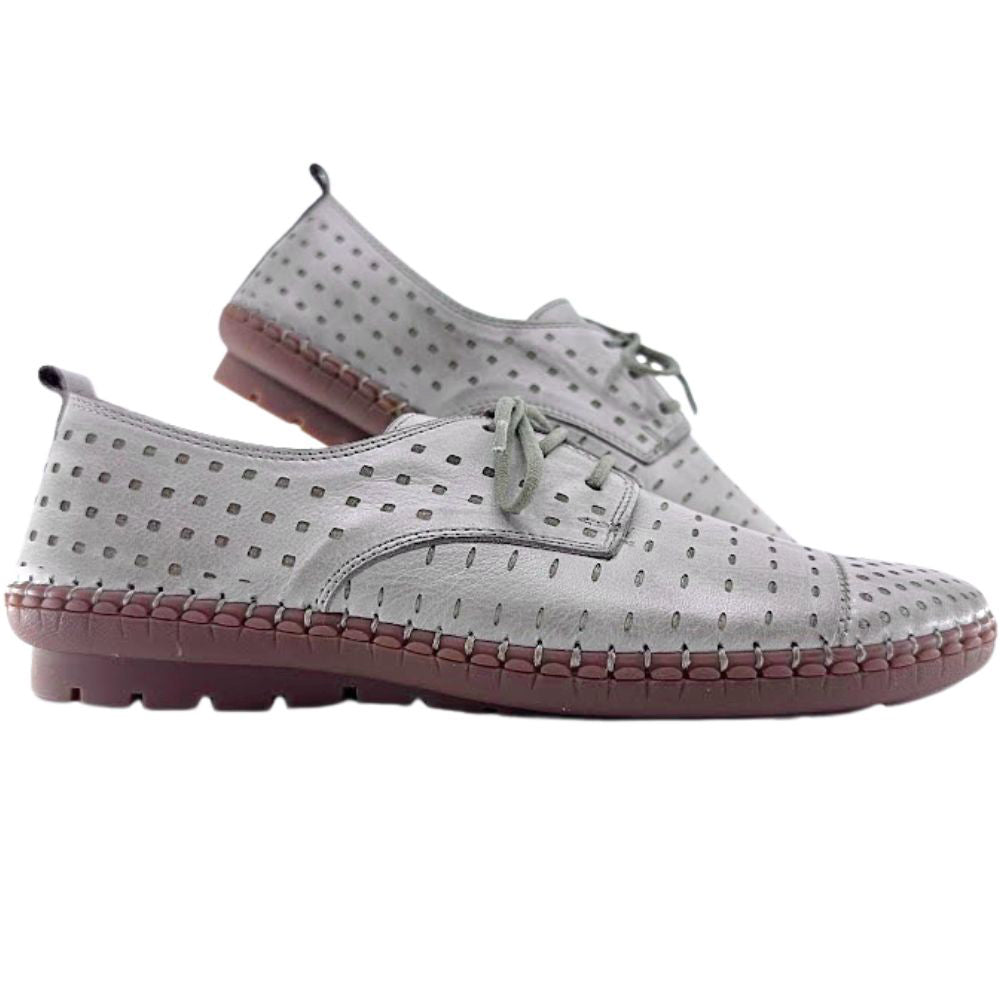 Pair of taupe perforated shoes with brown soles on a white background
